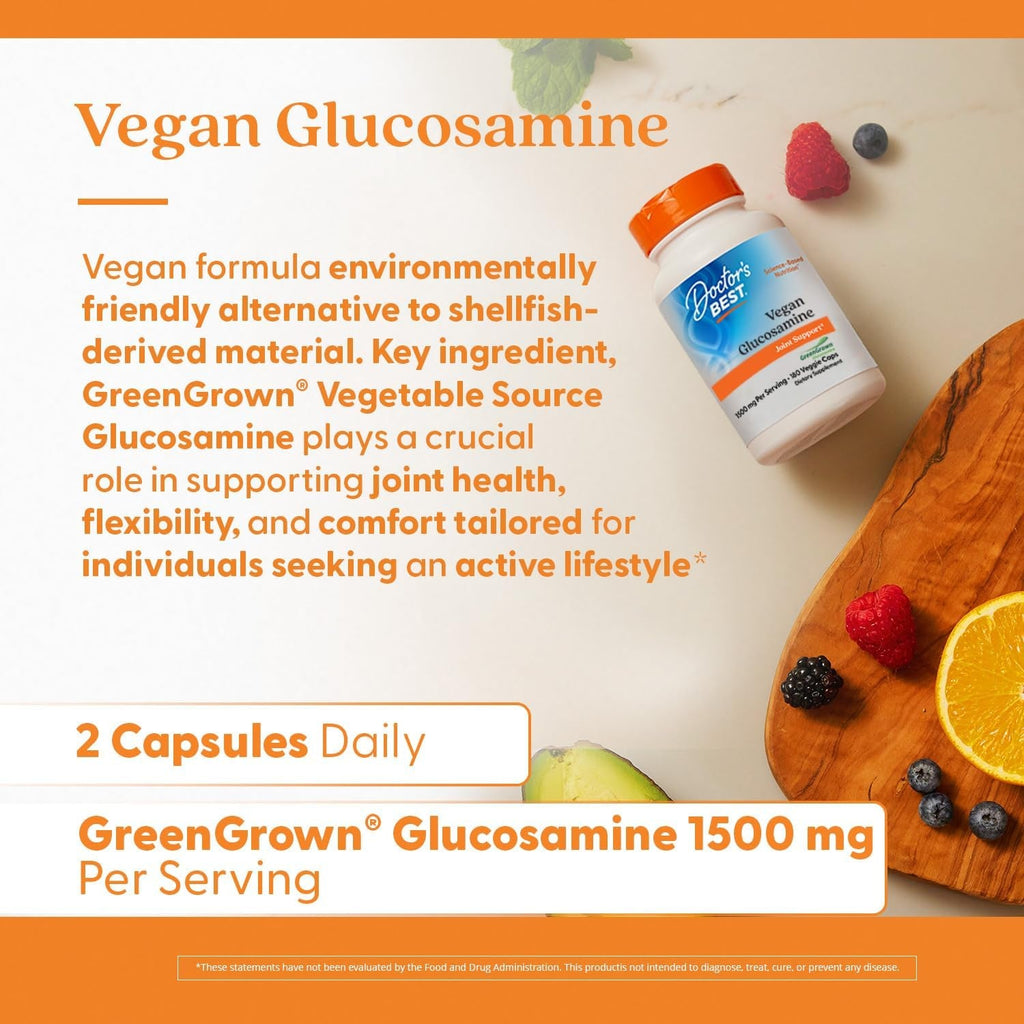 Doctor'S Best Vegan Glucosamine Supplement for Men & Women - Glucosamine 1500Mg per 2 Capsules, Joint Health Support for Adults, Gluten Free, Non GMO, Vegetarian/Vegan - 180 Veg Caps