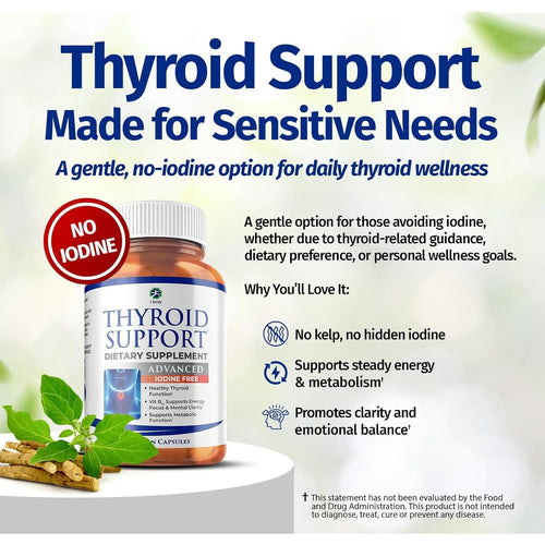 1 Body Thyroid Support Supplement for Women – Iodine Free Formula with Selenium, Zinc & Ashwagandha – Supports Energy, Metabolism & Hormone Balance – 60 Vegan Capsules