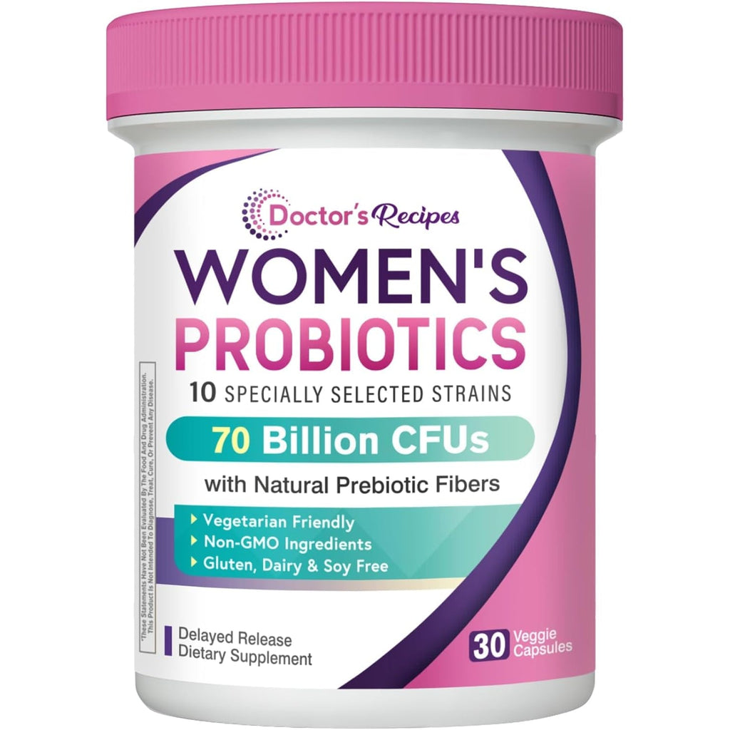 Doctor'S Recipes Probiotics for Women, Organic Prebiotics and Probiotics, 70 Billion CFU, 10 Strains, Shelf Stable, 30 Capsules