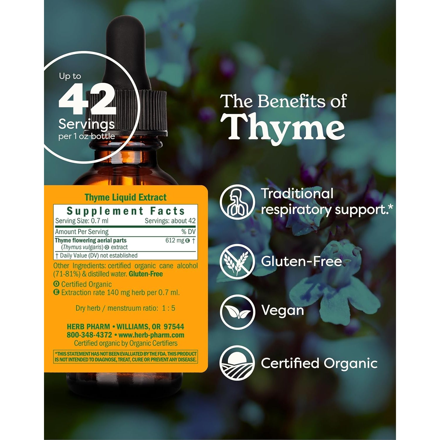 Herb Pharm Certified Organic Thyme Liquid Extract Drops for Respiratory System Support, 1 Oz