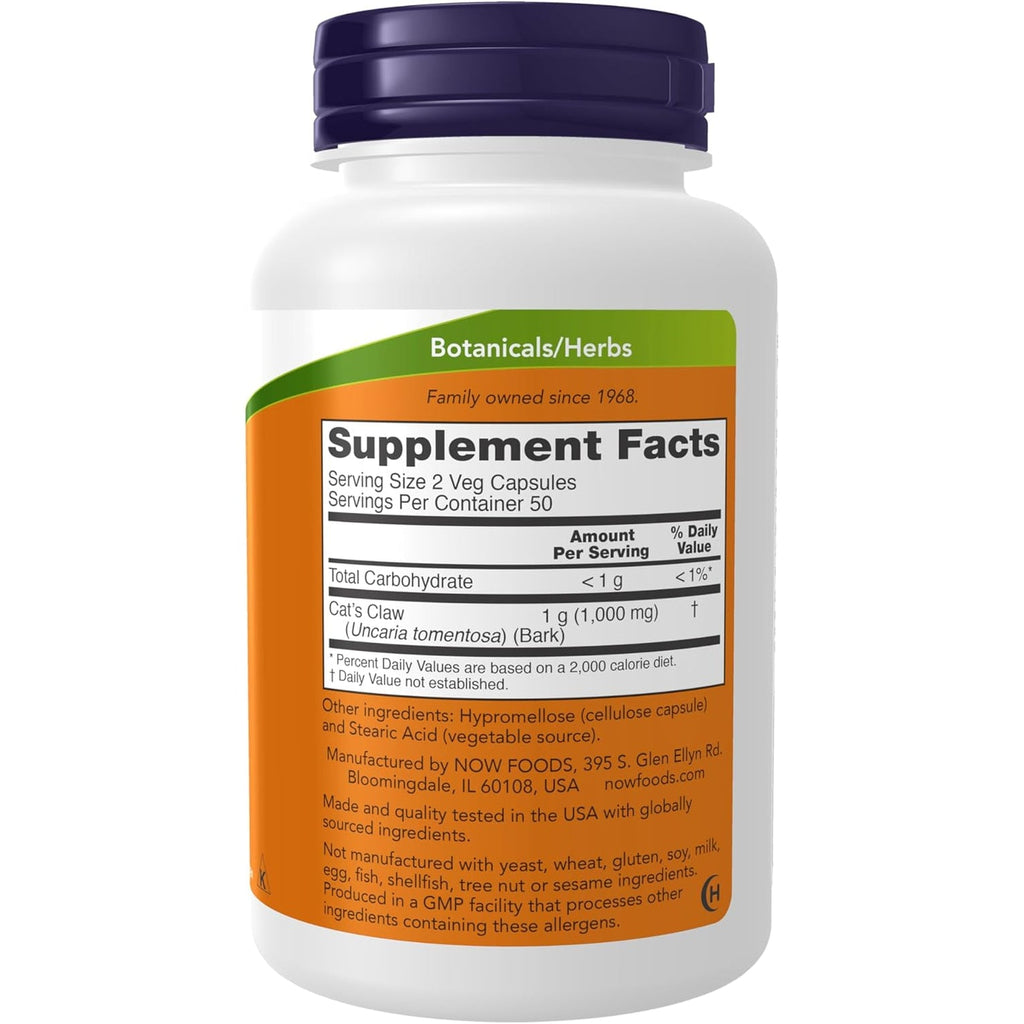 NOW Foods Supplements, Cat'S Claw 500 Mg, Non-Gmo Project Verified, Herbal Supplement, 100 Veg Capsules