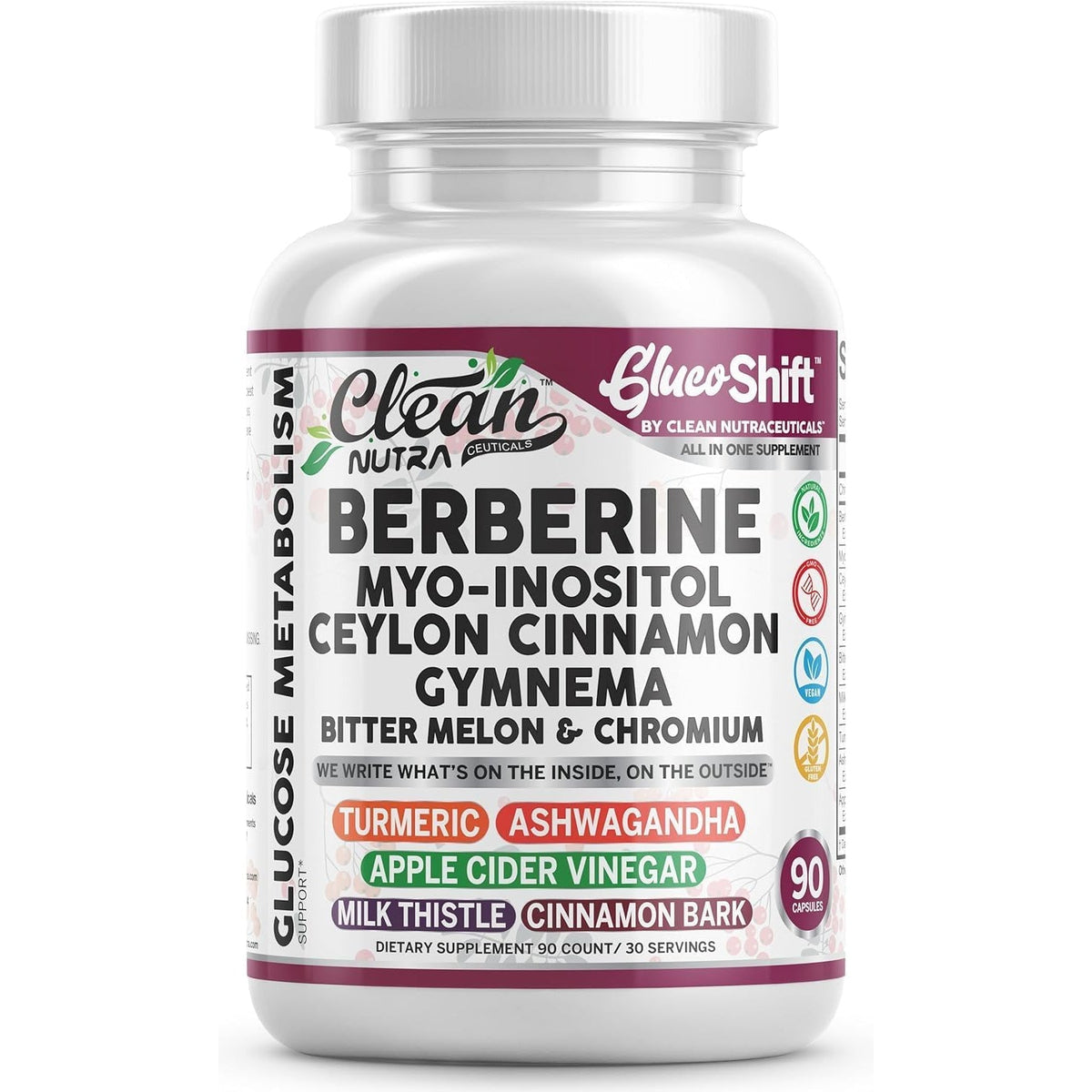 Clean Nutra Berberine Supplement Myo-Inositol Ceylon Cinnamon Gymnema Bitter Melon Chromium Complex for Digestion, Antioxidant Support & Wellness 90 Vegan Capsules Non-Gmo