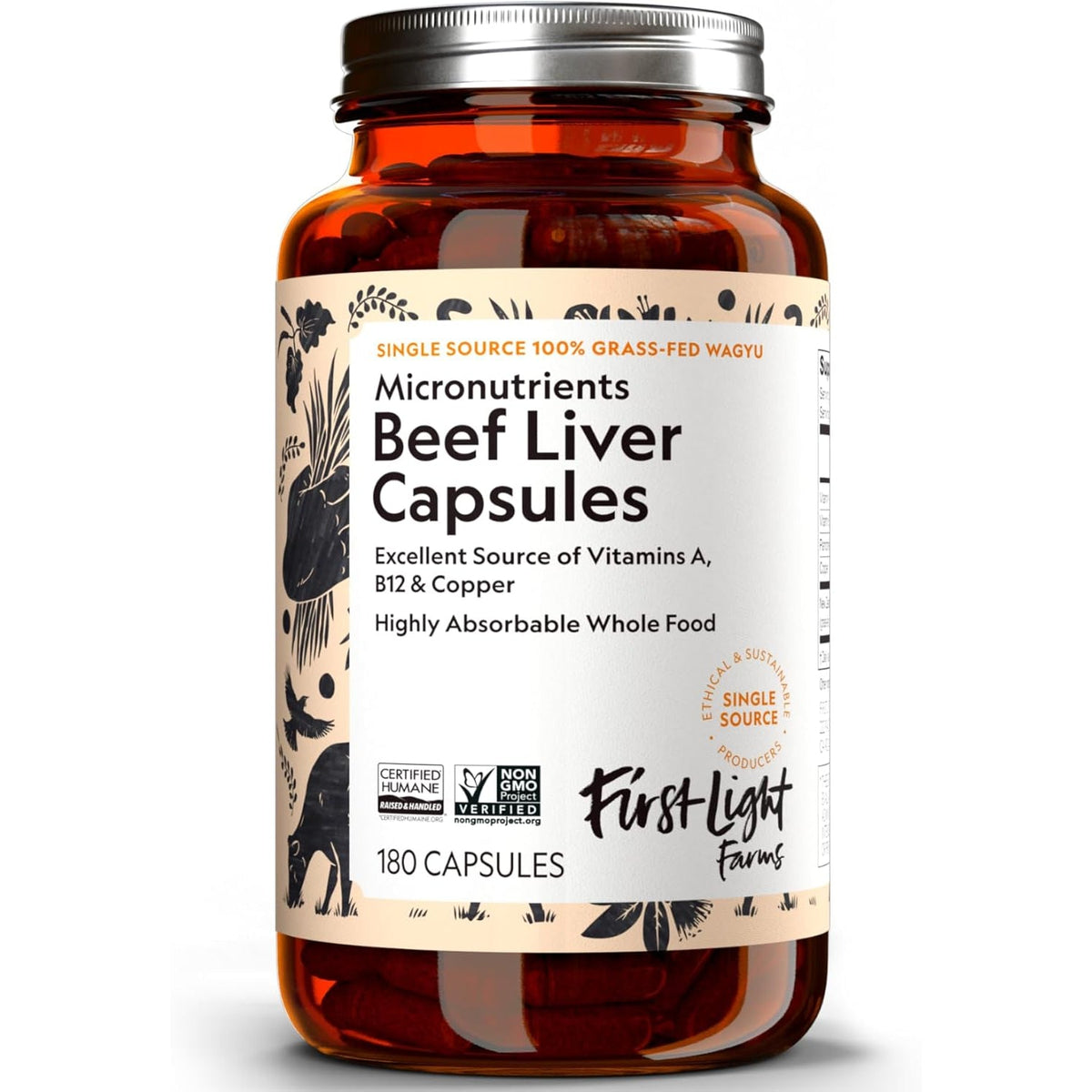 First Light Farms Grass-Fed Beef Liver Capsules | Nutrient-Dense Whole Food Nutrition, Freeze-Dried, Grassfed & Certified Humane | 180 Capsules for Energy, Immunity, and Overall Wellness