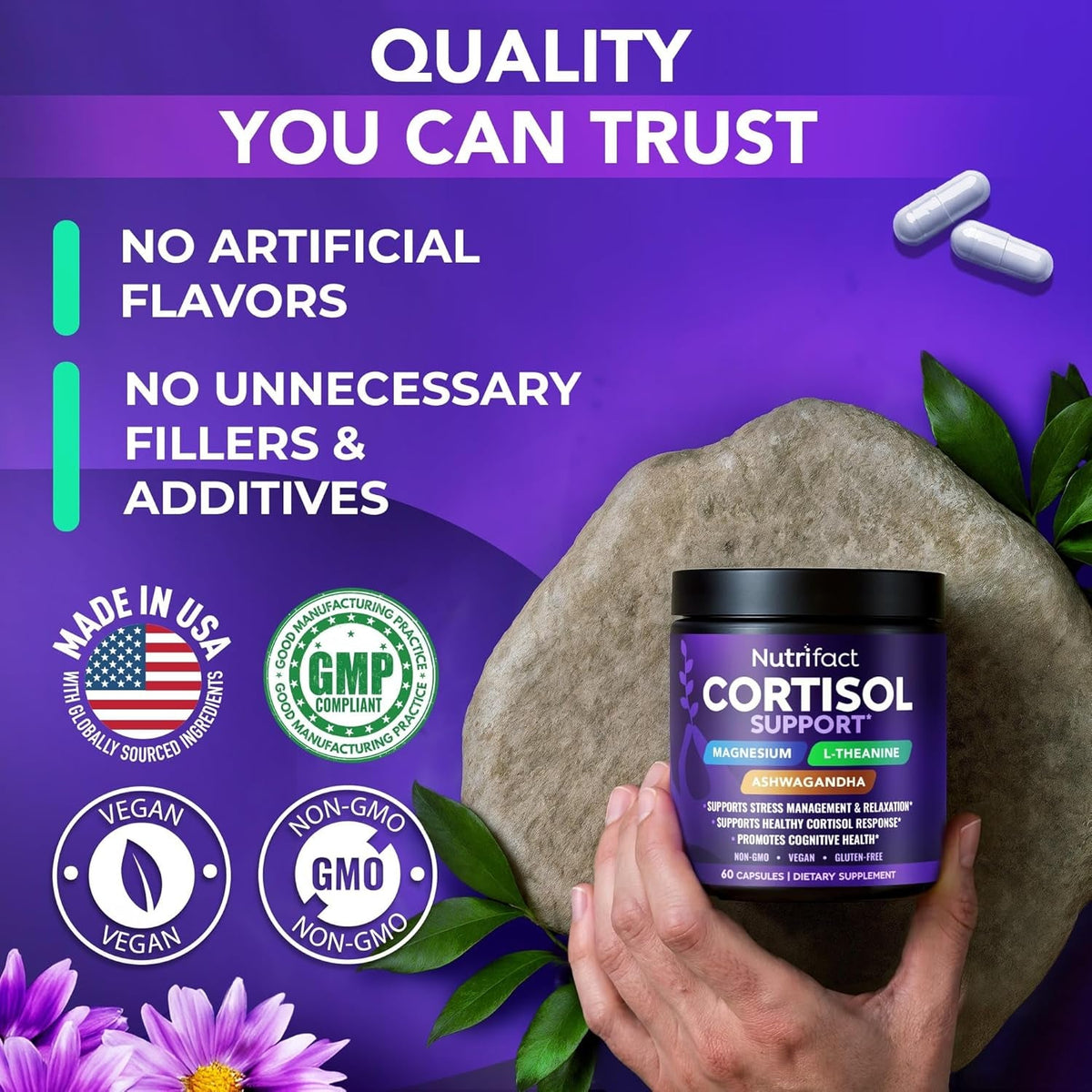 Cortisol Supplements for Women & Men – Cortisol Reducer with Ashwagandha, Magnesium, L-Theanine & Vitamin B Complex – Stress Relief, Vegan, Non-Gmo, Made in USA – 60 Capsules