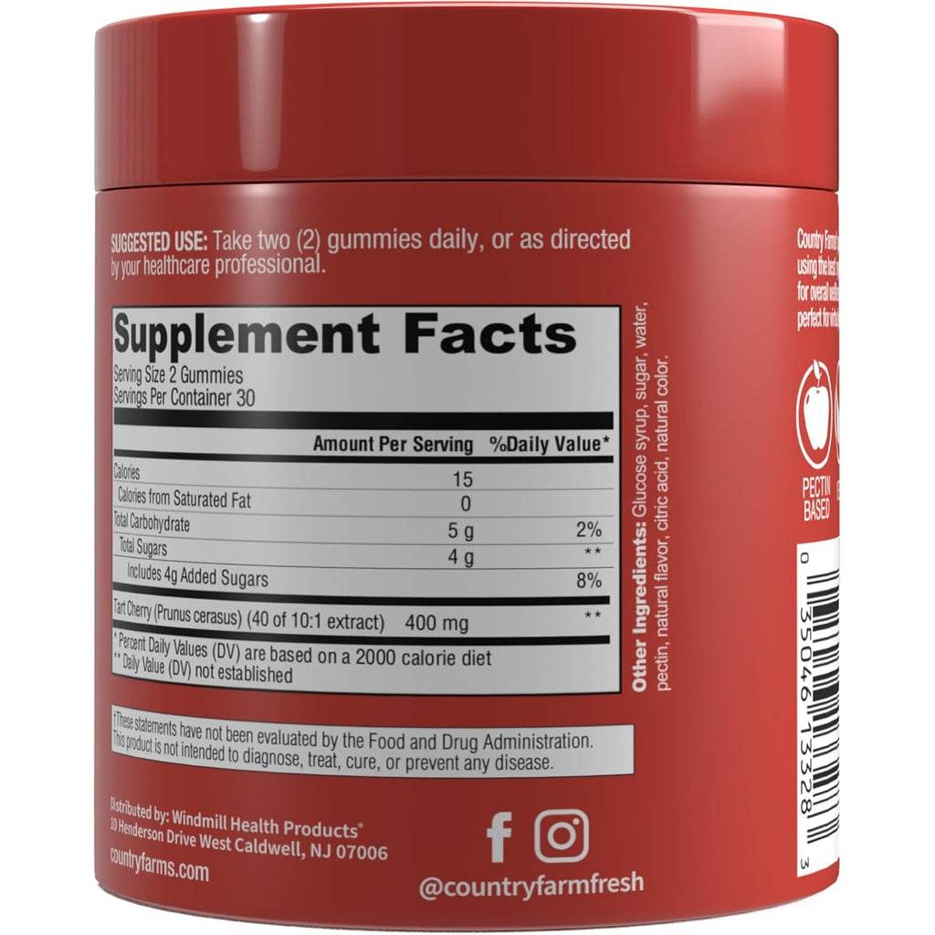 Country Farms Tart Cherry Gummies, Dialy Metabolic Support, Supports Bone Health, Packed with Potent Antioxidants, Cherry Flavor, 60 Gummies