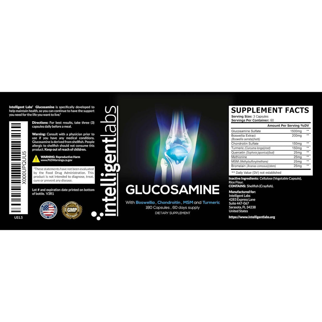 Intelligent Labs Glucosamine and Chondroitin High Strength Complex with MSM | 180 Capsules | Immune System Support | with Turmeric, Boswellia, and Quercetin Joint Care Supplements