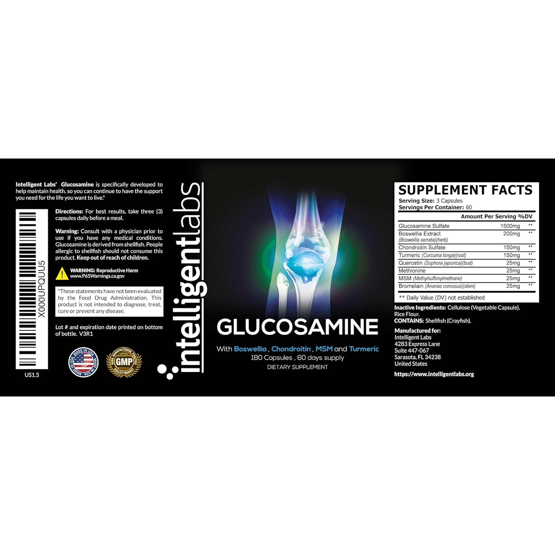 Intelligent Labs Glucosamine and Chondroitin High Strength Complex with MSM | 180 Capsules | Immune System Support | with Turmeric, Boswellia, and Quercetin Joint Care Supplements