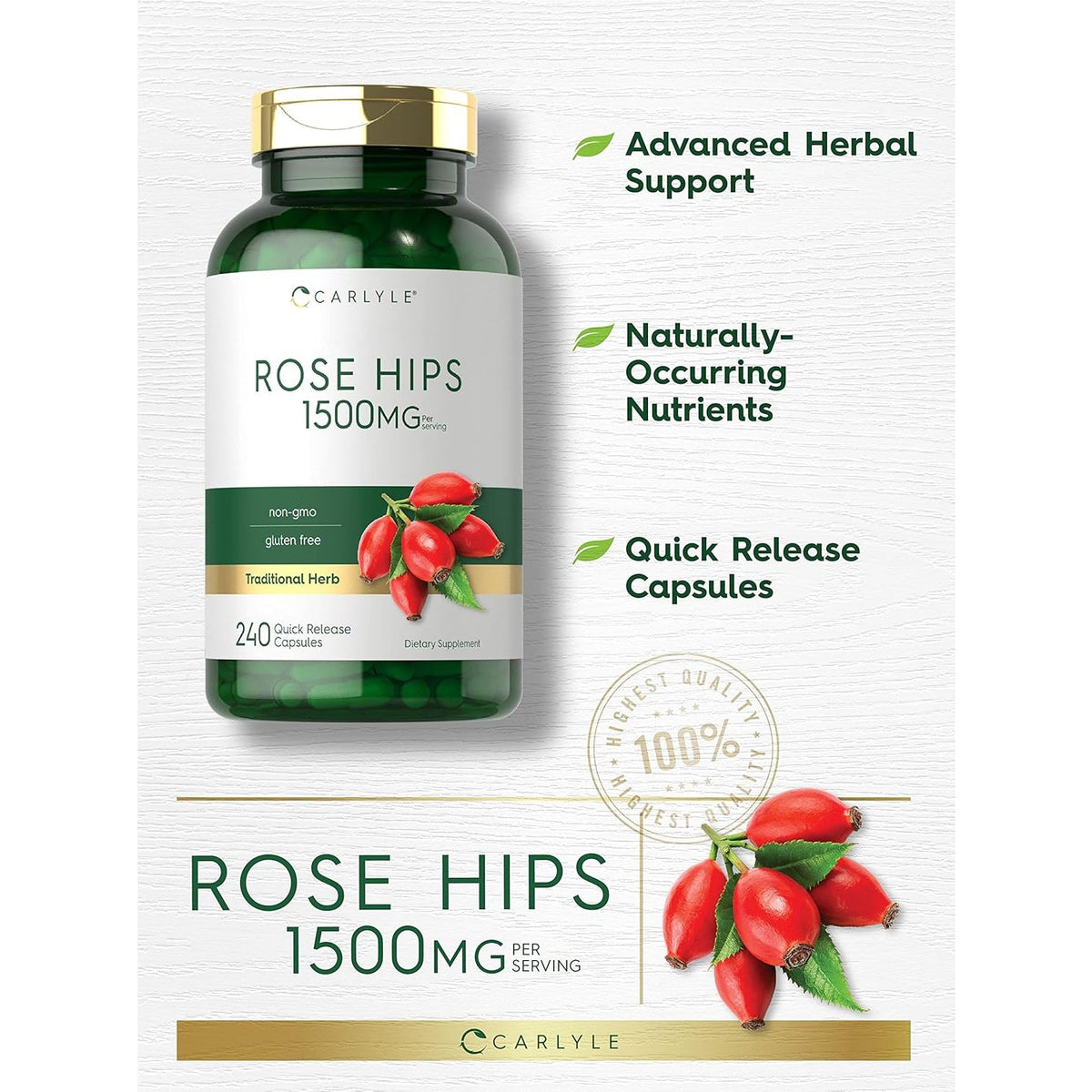 Carlyle Rose Hips | 1500Mg | 240 Quick Release Capsules | Non-Gmo and Gluten Free Herbal Supplement