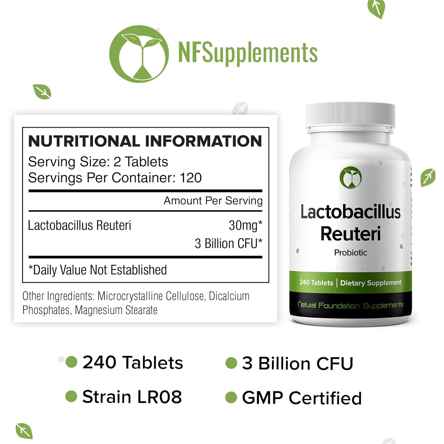 Lactobacillus Reuteri Probiotic 240 Tablets (4 Month Supply) – Researched Strain LR08 – 3 Billion CFU – Digestive Health & Gut Comfort – GMP Certified (240, Lactobacillus Reuteri)