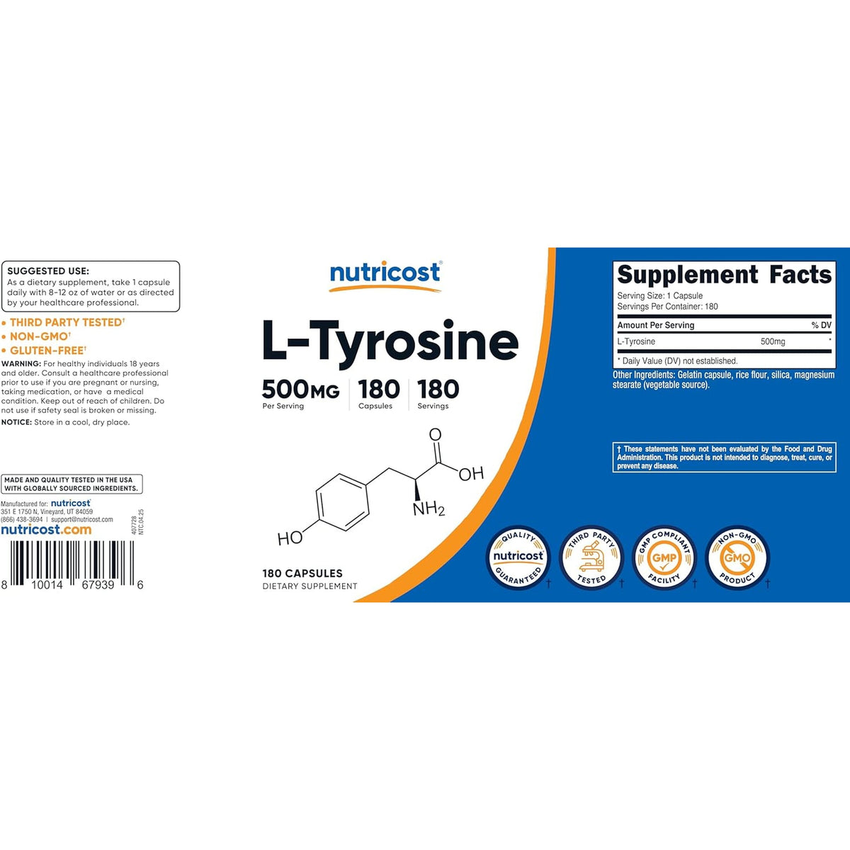 Nutricost L-Tyrosine 500Mg, 180 Capsules - Gluten Free & Non-Gmo