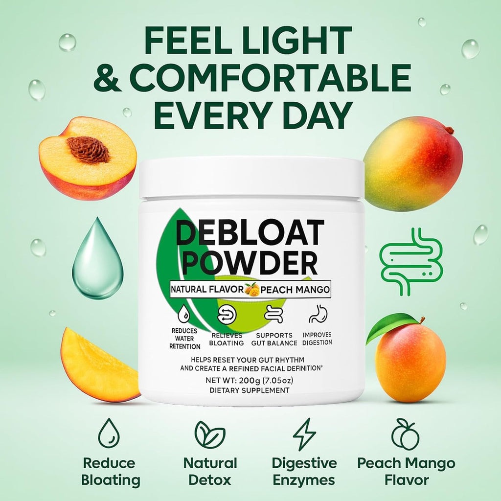 Debloat Powder for Supports Digestive Comfort & Bloating Relief, Digestive Enzymes for Women & Men, Rich in Vitamin C, Dandelion Root, Horsetail Extract, Non GMO, Peach Mango, 200G / 7.05OZ