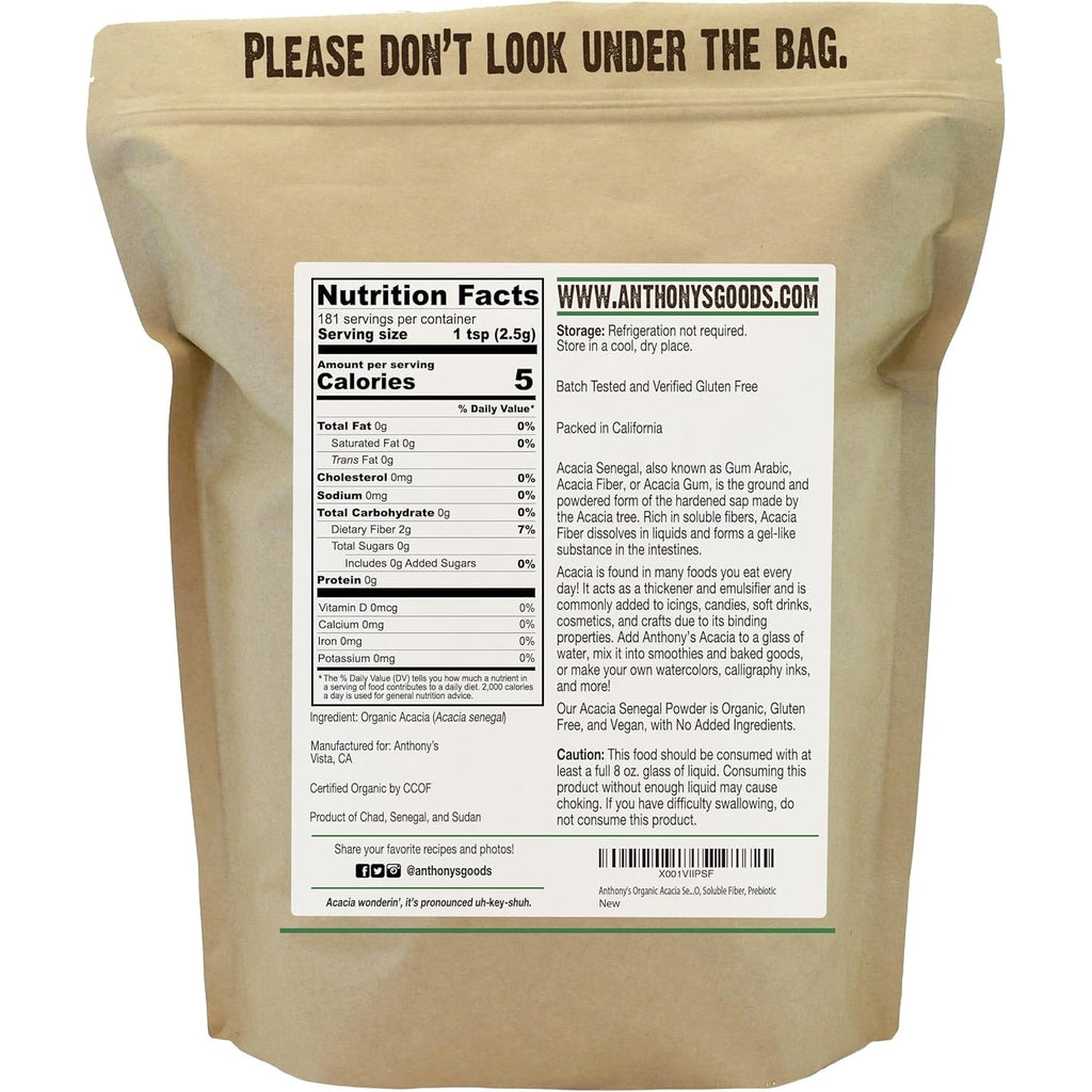 Anthony'S Organic Acacia Senegal Powder, 1 Lb, Batch Tested Gluten Free, Non GMO, Soluble Fiber, Prebiotic