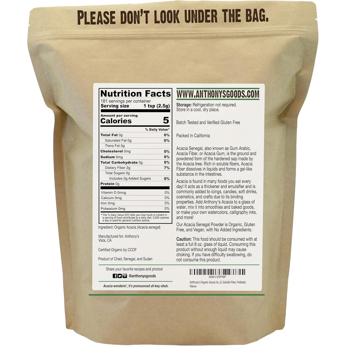 Anthony'S Organic Acacia Senegal Powder, 1 Lb, Batch Tested Gluten Free, Non GMO, Soluble Fiber, Prebiotic
