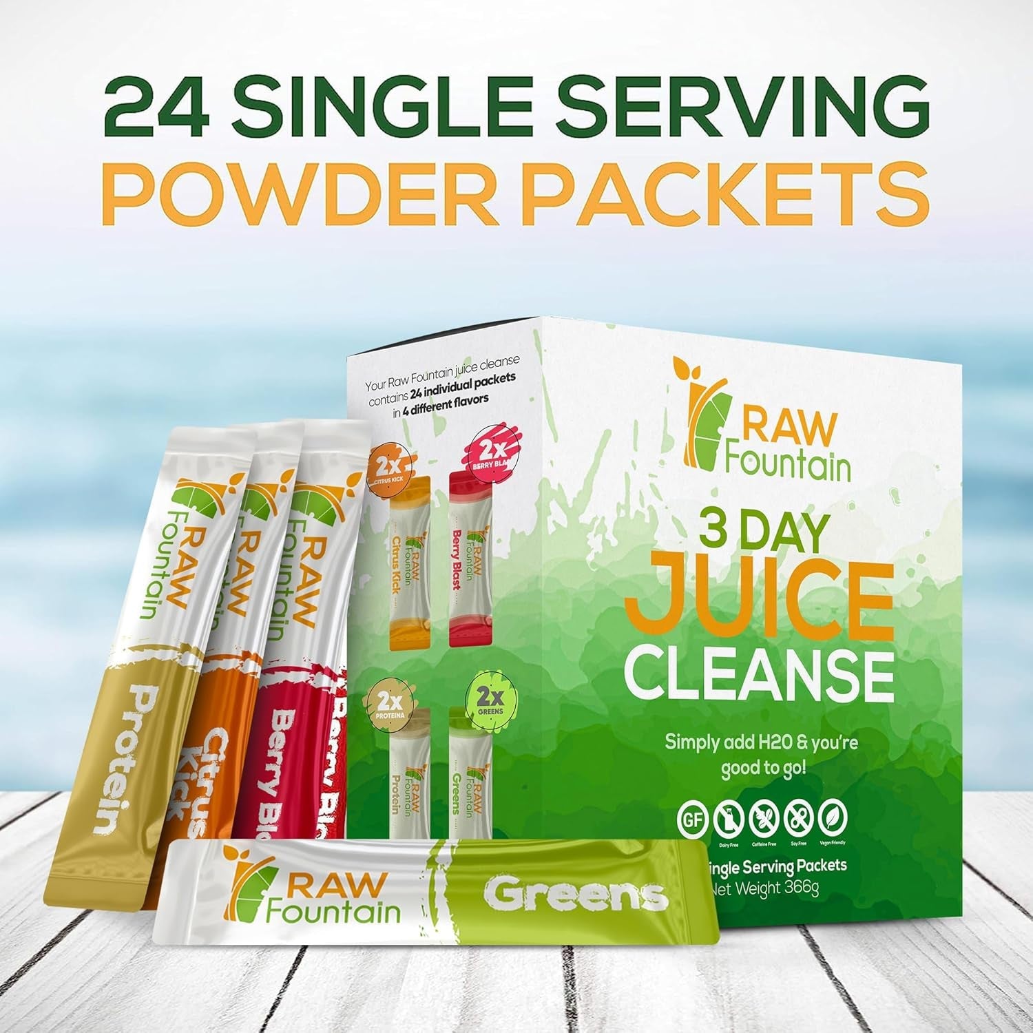 Raw Fountain 3 Day Juice Cleanse Detox, 24 Powder Packets, Travel and Vegan Friendly, 4 All Natural Flavors, Includes Protein (3 Day)