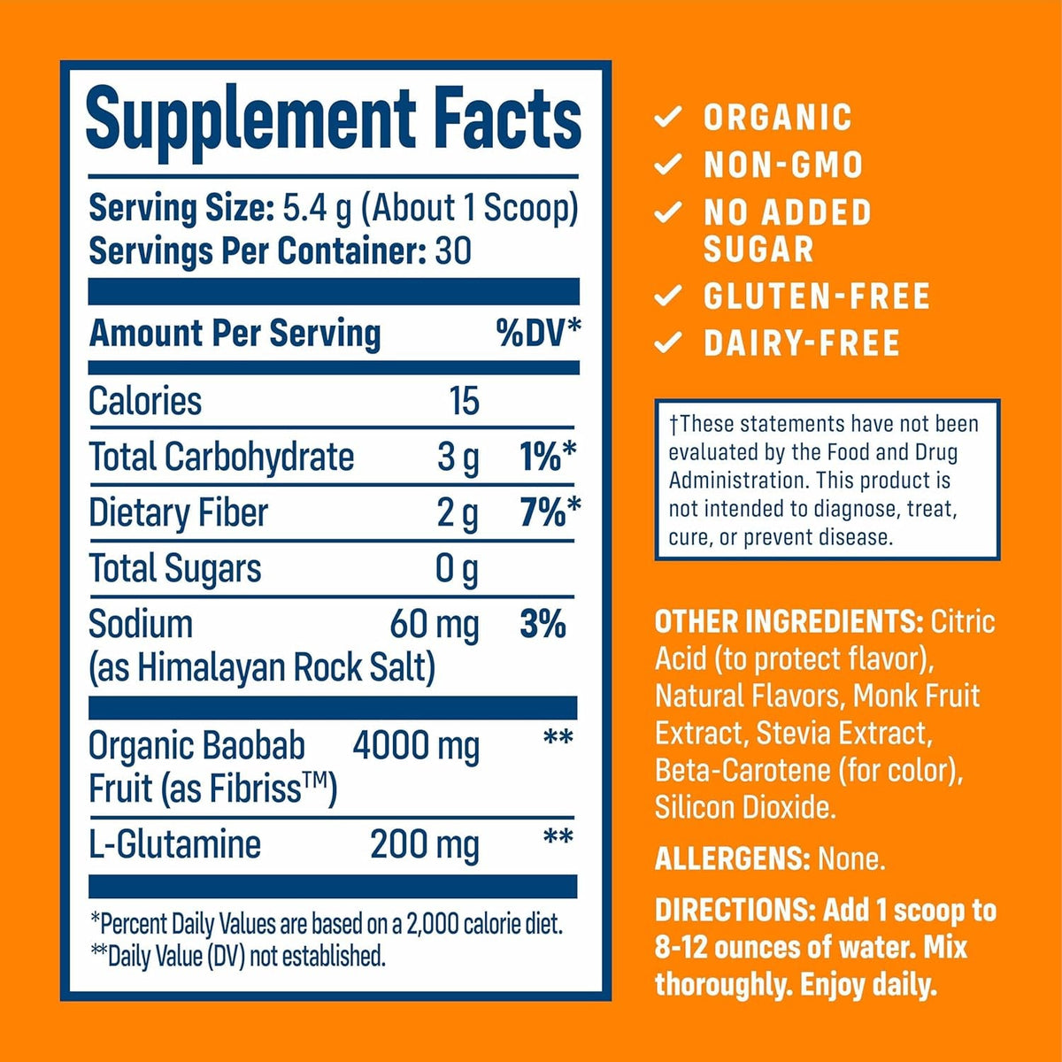 Nativepath Organic Baobab Prebiotic Fiber Powder - Digestive Health Supplement - Natural Orange Flavor, 30 Servings