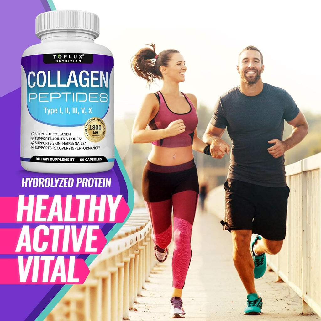 Toplux Multi Collagen Peptides Pills 1800 Mg Complex - Type I, II, III, V, X Premium Collagen Complex for Better Skin & Hair, Strong Joint, Hydrolyzed Protein, for Men Women, 90 Capsules, Supplement