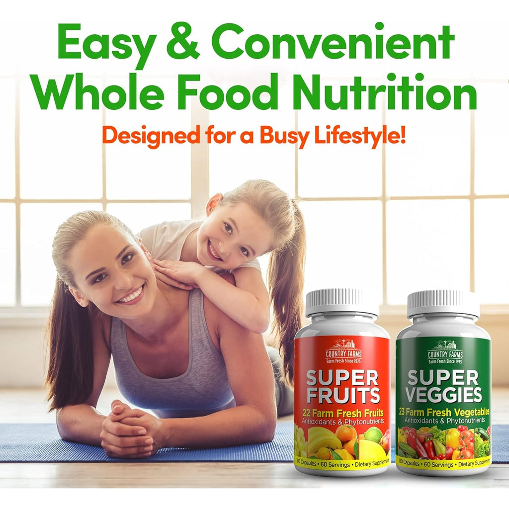 Country Farms Fruits and Vegetables Supplement, 180 Fruit and 180 Veggie Capsules, Greens and Reds Packed with Superfoods, Powerful Antioxidants, 60 Servings