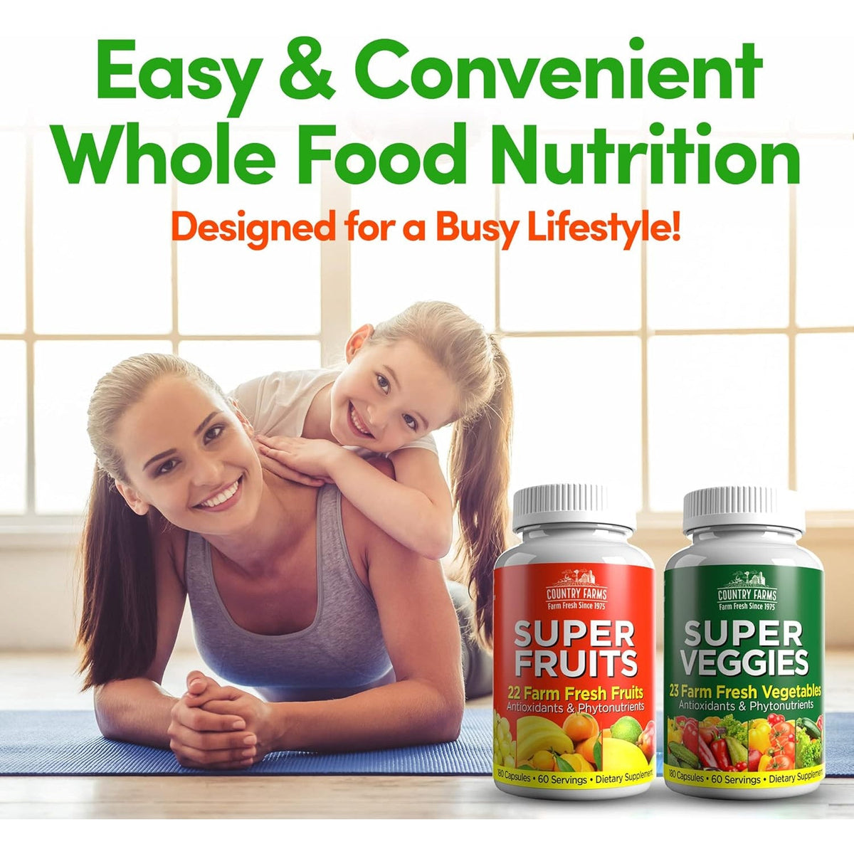 Country Farms Fruits and Vegetables Supplement, 180 Fruit and 180 Veggie Capsules, Greens and Reds Packed with Superfoods, Powerful Antioxidants, 60 Servings