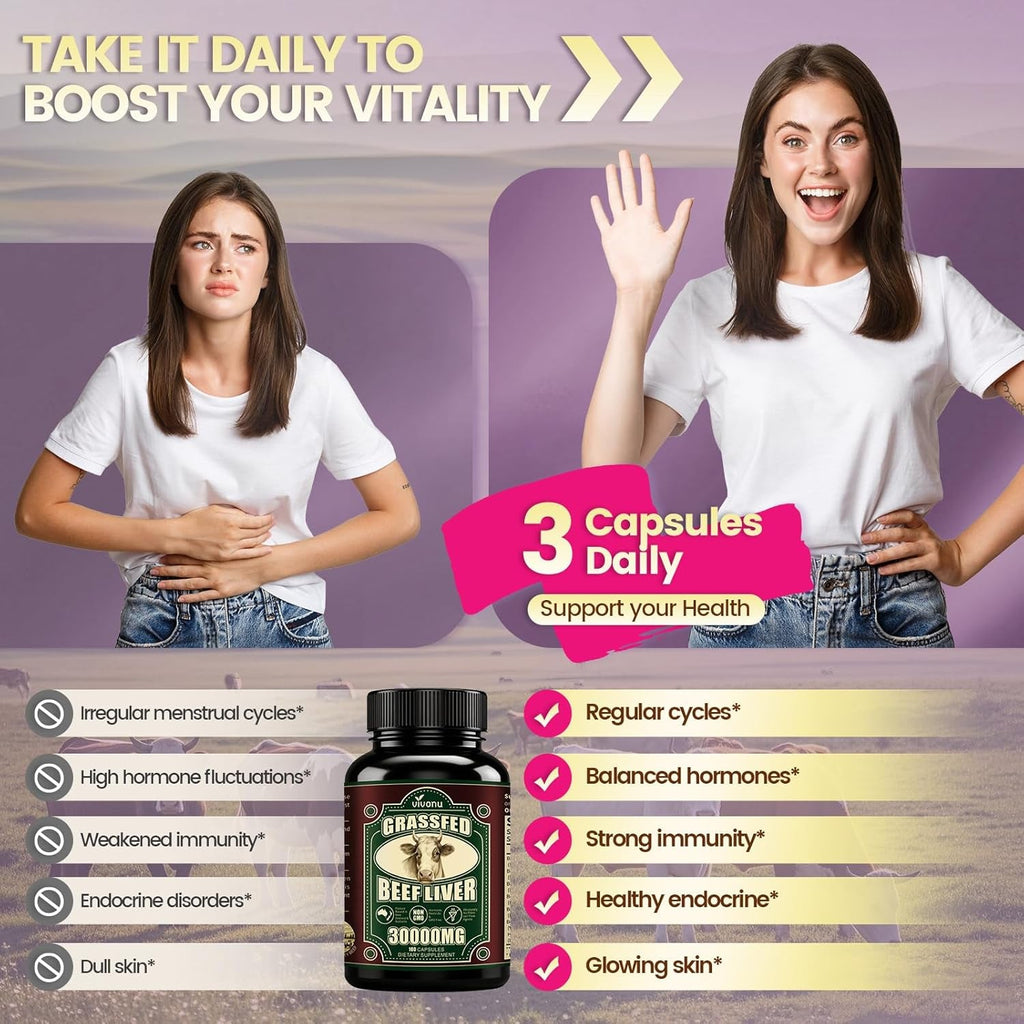 Vivonu Beef Organ Supplement for Women, per Serving Beef Organs with Bovine Liver, Ovary, Uterus, Kidney, Heart, Bone & More, 100% Grass Fed, Balance Hormones*, Energy* (180 Capsules)