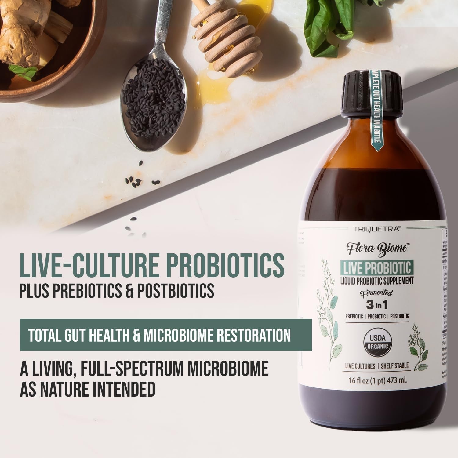 Flora Biome - Live Probiotic, Prebiotic, & Postbiotic – Organic Live-Culture – 10 Probiotic Strains, 18 Fermented Herbs - Complete Gut Health & Microbiome Optimizer (16 Oz)