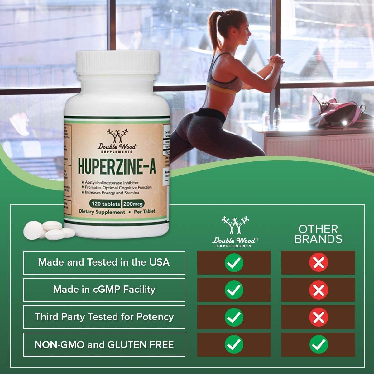 Huperzine a 200Mcg (Third Party Tested) 120 Tablets, Brain Supplement to Promote Acetylcholine (Acetylcholinesterase Inhibitor) - Supports Memory and Focus by Double Wood