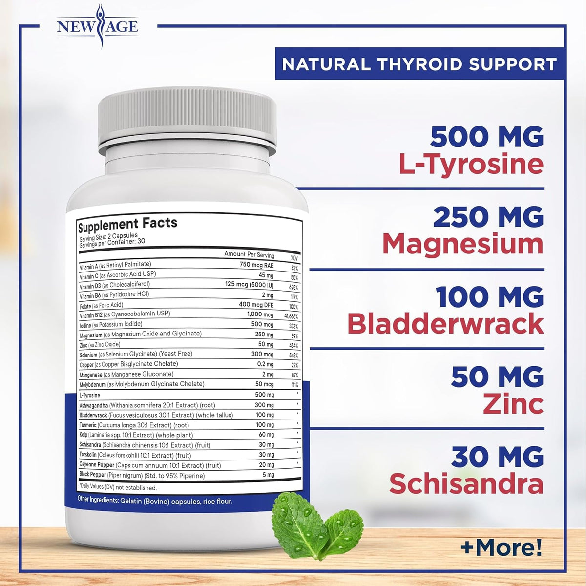 NEW AGE Thyroid Support Supplement for Women & Men with Iodine, B12, Zinc, Selenium, Ashwagandha, Bladderwrack, Turmeric, Schisandra - Non-Gmo - 120 Count