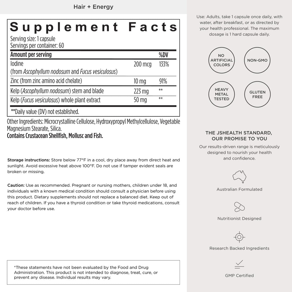 Jshealth Hair Growth Vitamins for Women. Hair + Energy with Kelp Iodine and Zinc. Supports Thickness, Strength, Energy. Nutritionist-Formulated (60 Capsules)