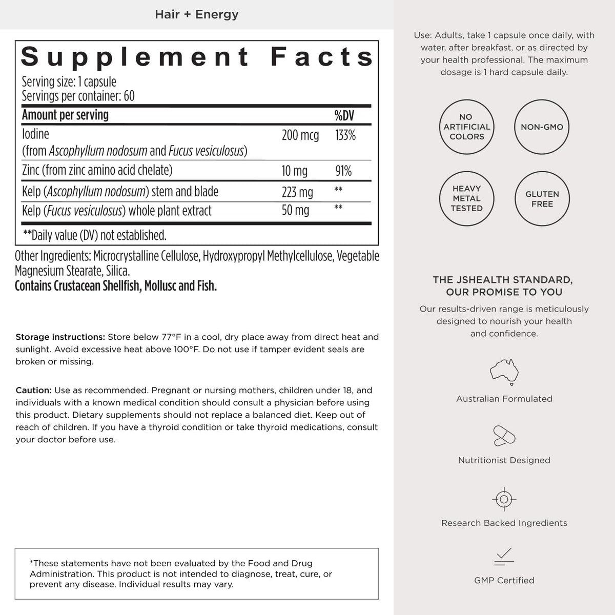 Jshealth Hair Growth Vitamins for Women. Hair + Energy with Kelp Iodine and Zinc. Supports Thickness, Strength, Energy. Nutritionist-Formulated (60 Capsules)