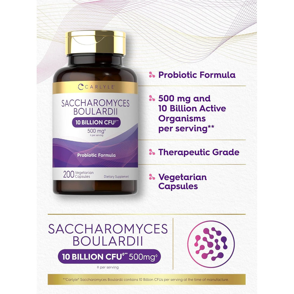 Carlyle Saccharomyces Boulardii Probiotics & Prebiotics | 10 Billion Cfus | 200 Capsules | Value Size | Non-Gmo, Gluten Free Supplement