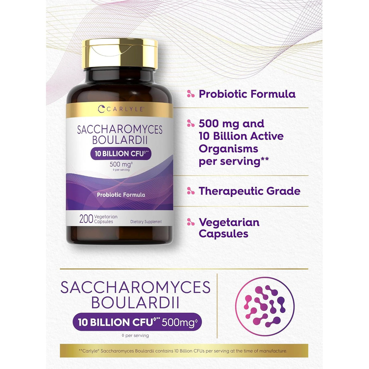 Carlyle Saccharomyces Boulardii Probiotics & Prebiotics | 10 Billion Cfus | 200 Capsules | Value Size | Non-Gmo, Gluten Free Supplement