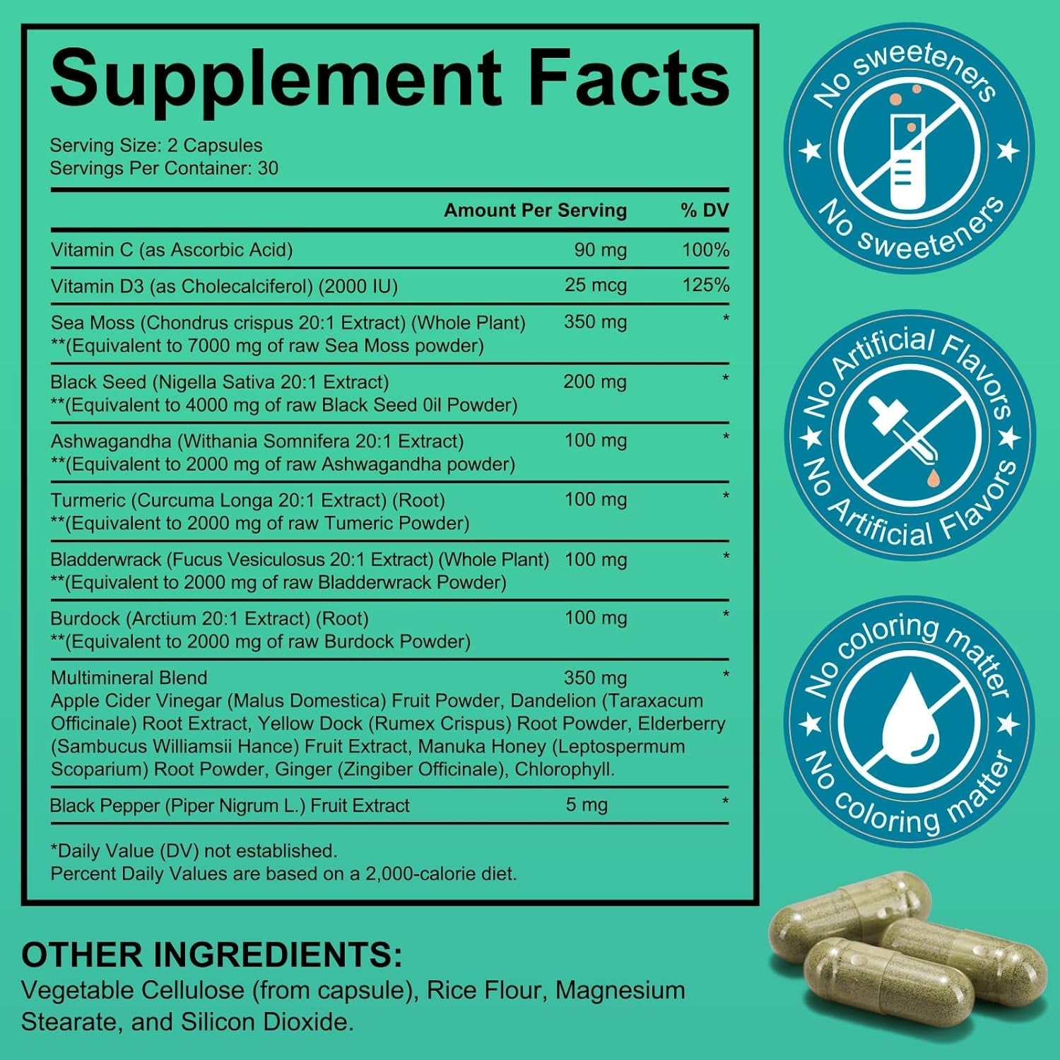 Sea Moss Black Seed Oil Ashwagandha Ginger, Sea Moss Capsule Supplement with Turmeric Burdock Root Bladderwrack Vitamin C Vitamin D3 Enhanced Immunity & Energy Black Seed Oil Capsule 60 Count