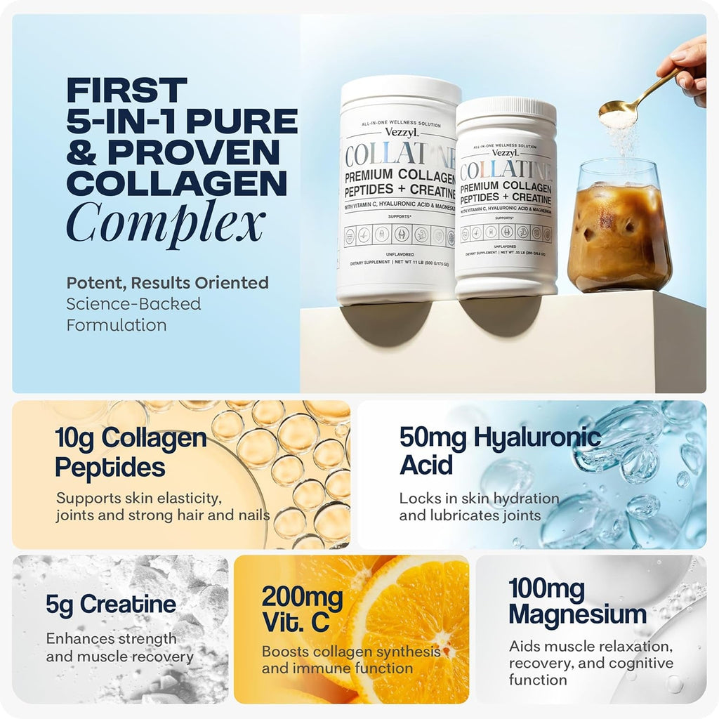 Collatine - Premium Collagen Peptides + Creatine with Vitamin C, Hyaluronic Acid and Magnesium for Skin, Hair, Nails, Bone & Joint, Muscle, Immune and Cognitive Aid (.55 LB (250 G/8.8 OZ)