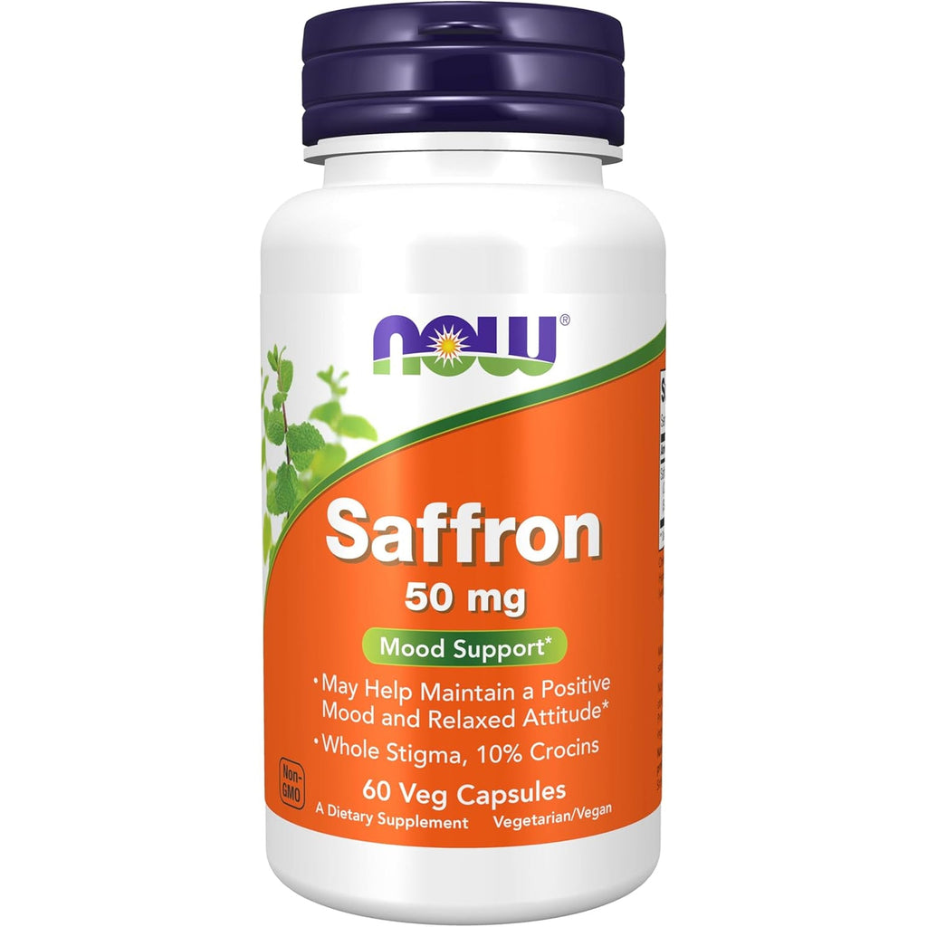 NOW Foods Supplements, Saffron Whole Herb 50 Mg with 10% Crocins, 60 Veg Capsules with Microcrystalline Cellulose, Hypromellose (Cellulose Capsule), Stearic Acid (Vegetable Source) and Silicon Dioxide