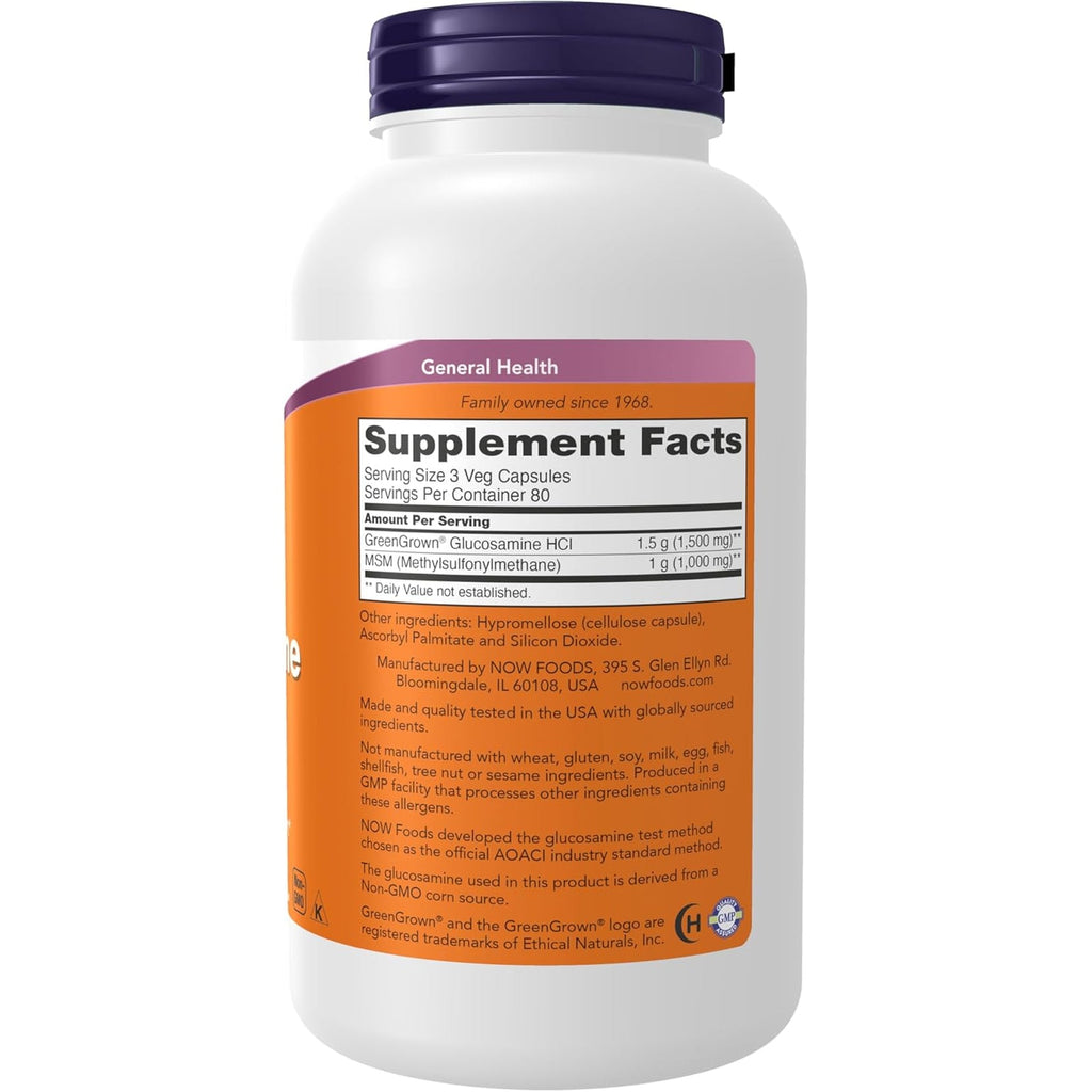 NOW Foods Supplements, Glucosamine & MSM (Greengrown® Glucosamine), Vegetarian, 240 Veg Capsules