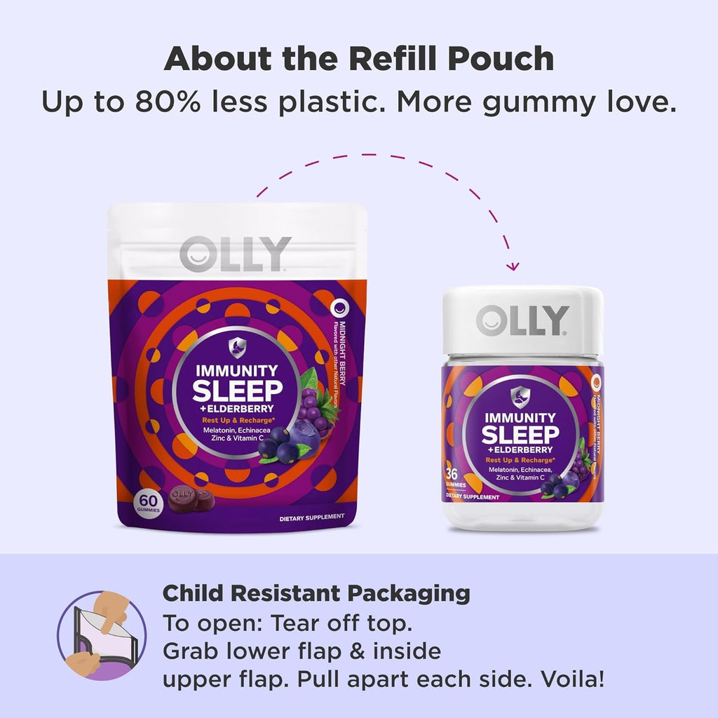 OLLY Immunity Sleep Gummy, Immune and Sleep Support, 3Mg Melatonin, Echinacea, Zinc, Vitamin C, Chewable Supplement, Berry - 60 Count
