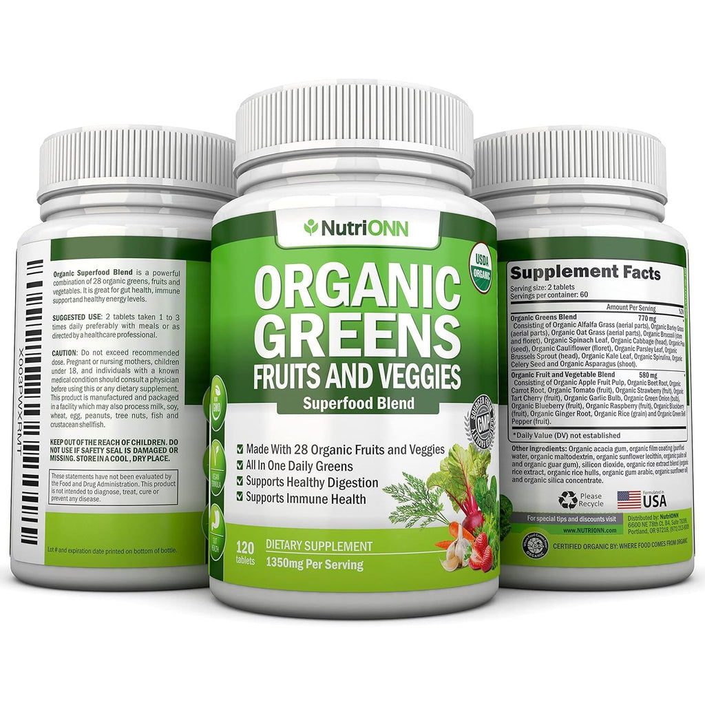 Organic Super Greens Capsules - Fruit and Vegetable Supplements - 120 Count - 28 USDA Organic & Vegan Premium Ingredients - Superfood Blend for Immune Health, Digestion & Energy - Whole Food Vitamins