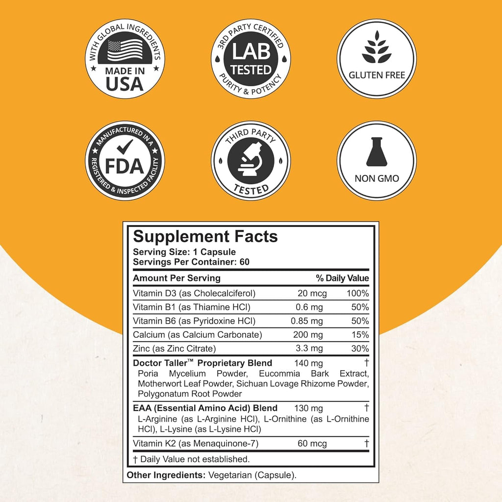 Nubest Doctor Taller - Bone Strength Supports, Enhance Immune System - Keto with Calcium, Vitamin D3, Vitamin K2, Amino Acids & Herbs for Children (8+) - 60 Vegan Capsules | 1 Month Supply