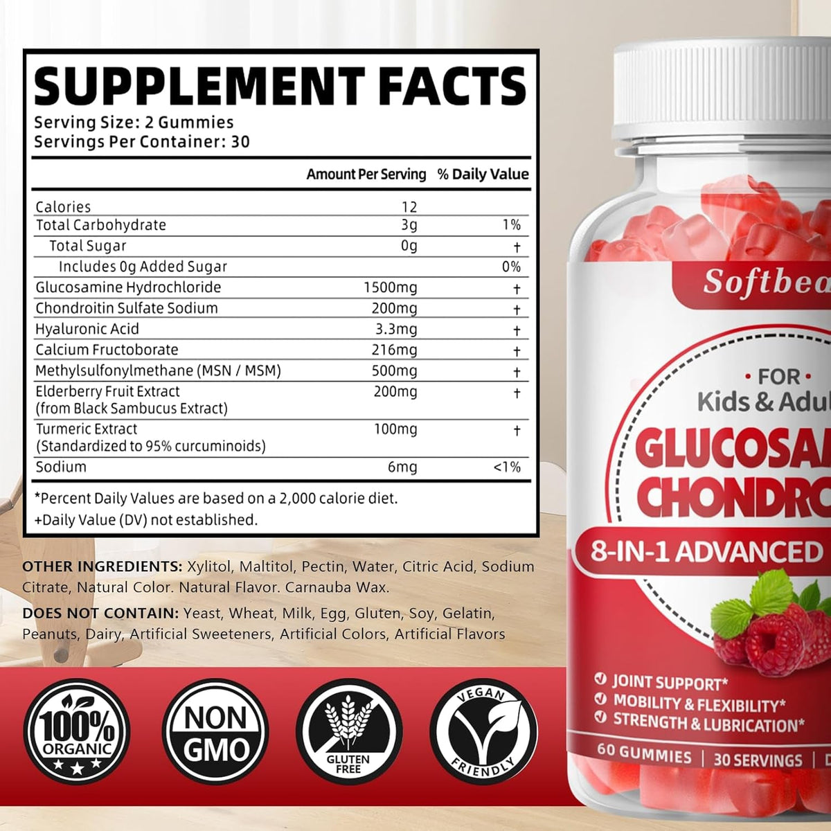 Softbear Glucosamine Chondroitin Gummies, Sugar Free Glucosamine Chondroitin MSM Supplement with Elderberry Turmeric Supports Joint Health & Antioxidant, Raspberry Flavored 60 Count