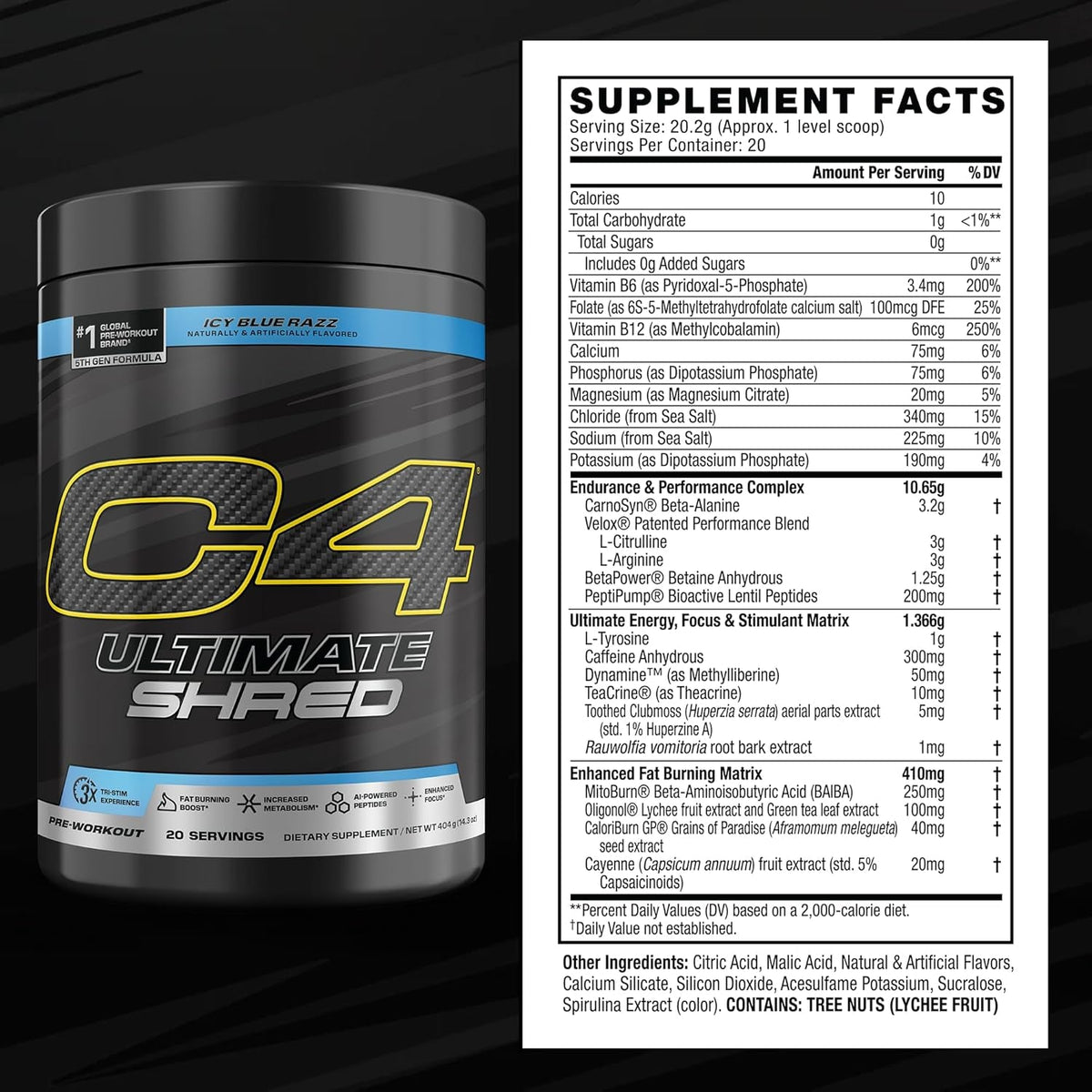 Cellucor C4 Ultimate Shred Pre Workout Powder, Fat Burner for Men & Women, Weight Loss Supplement with Ginger Root Extract, Icy Blue Razz, 20 Servings