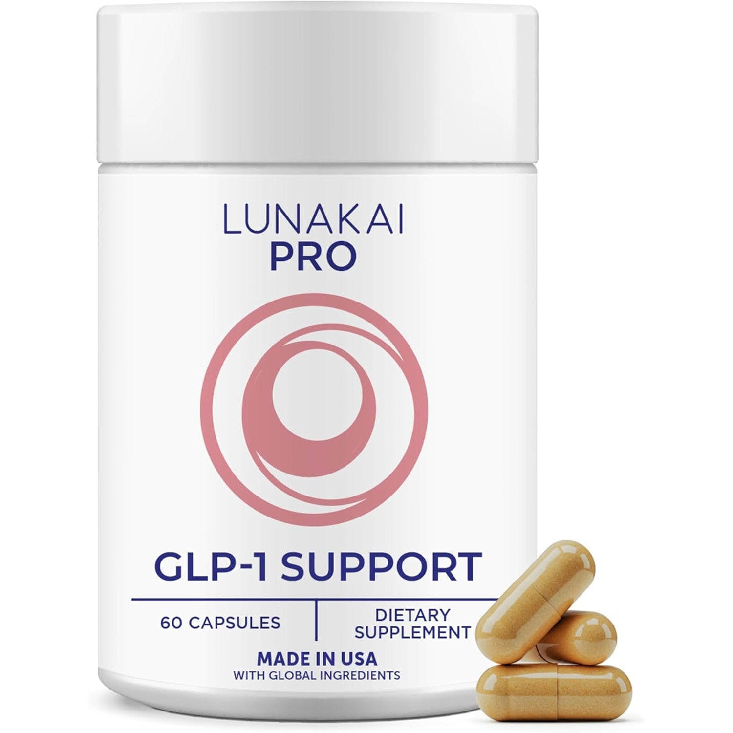 Lunakai USA Made GLP-1 Supplement - Natural GLP 1 Support with Probiotics & Resveratrol – Supports Weight Management, Cravings & Metabolism, 60Ct