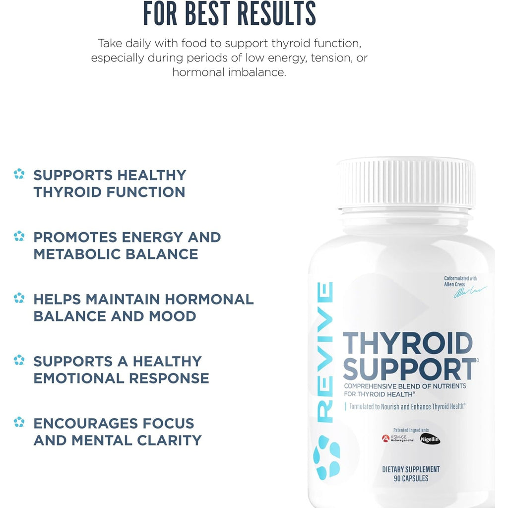 Revive MD Thyroid Support Supplement for Men & Women - Comprehensive Blend of Nutritents Supports Healthy Thyroid Function with Essential Vitamin, Minerals & Herbs (90 Capsules, 30 Servings)