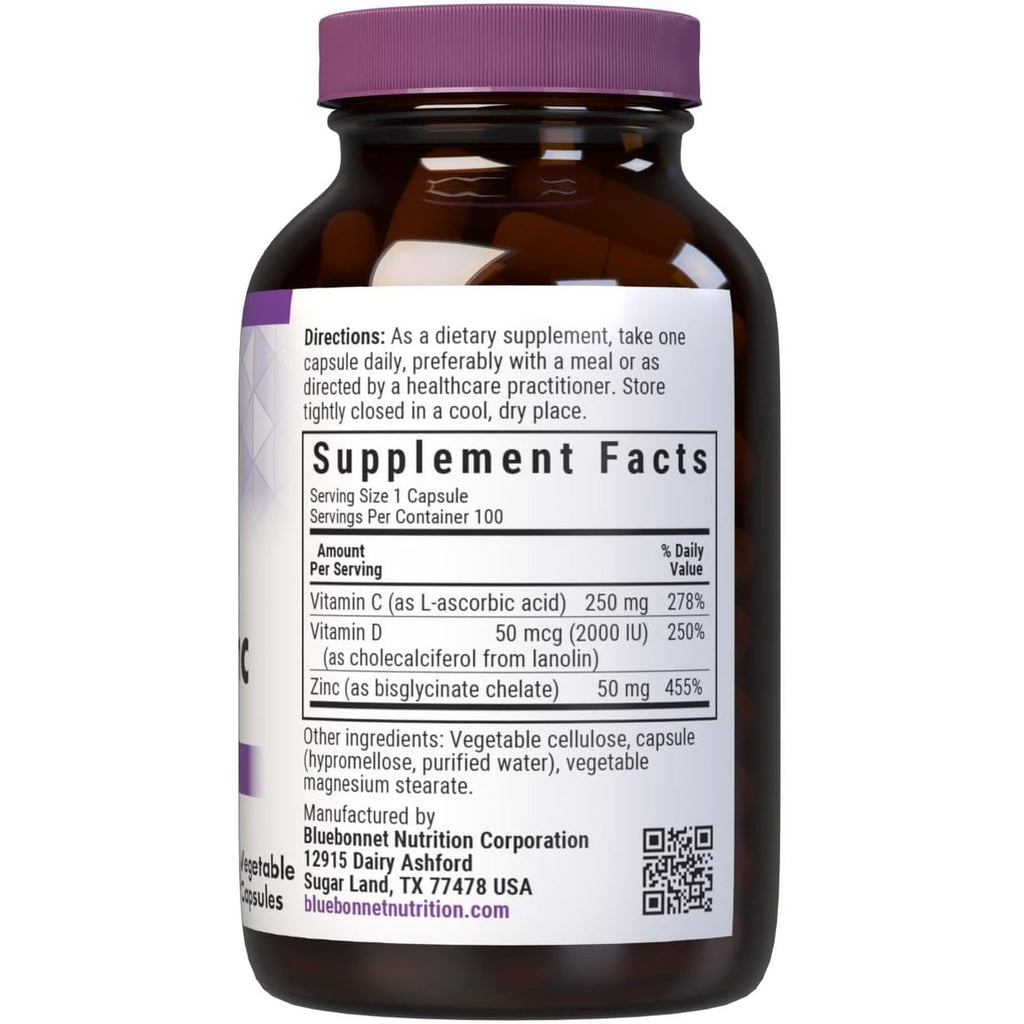 Bluebonnet Nutrition Vitamin C, D3 & Zinc, for Immune Health and Respiratory Function*, Soy-Free, Gluten-Free, Non-Gmo, Kosher Certified, Dairy-Free, 100 Vegetable Capsules, 100 Servings
