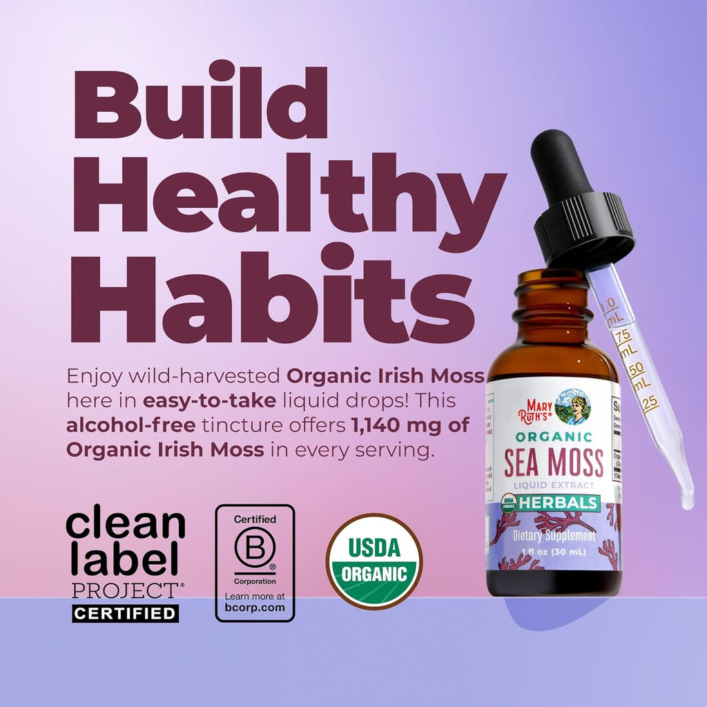 MARYRUTH'S Organic Irish Sea Moss Liquid Drops | Chondrus Crispus | Wild Harvested | Organic Irish Moss Formulated for Adults & Kids Ages 14+ | Unflavored | Sugar Free | Vegan | Non-Gmo | 1 Fl Oz