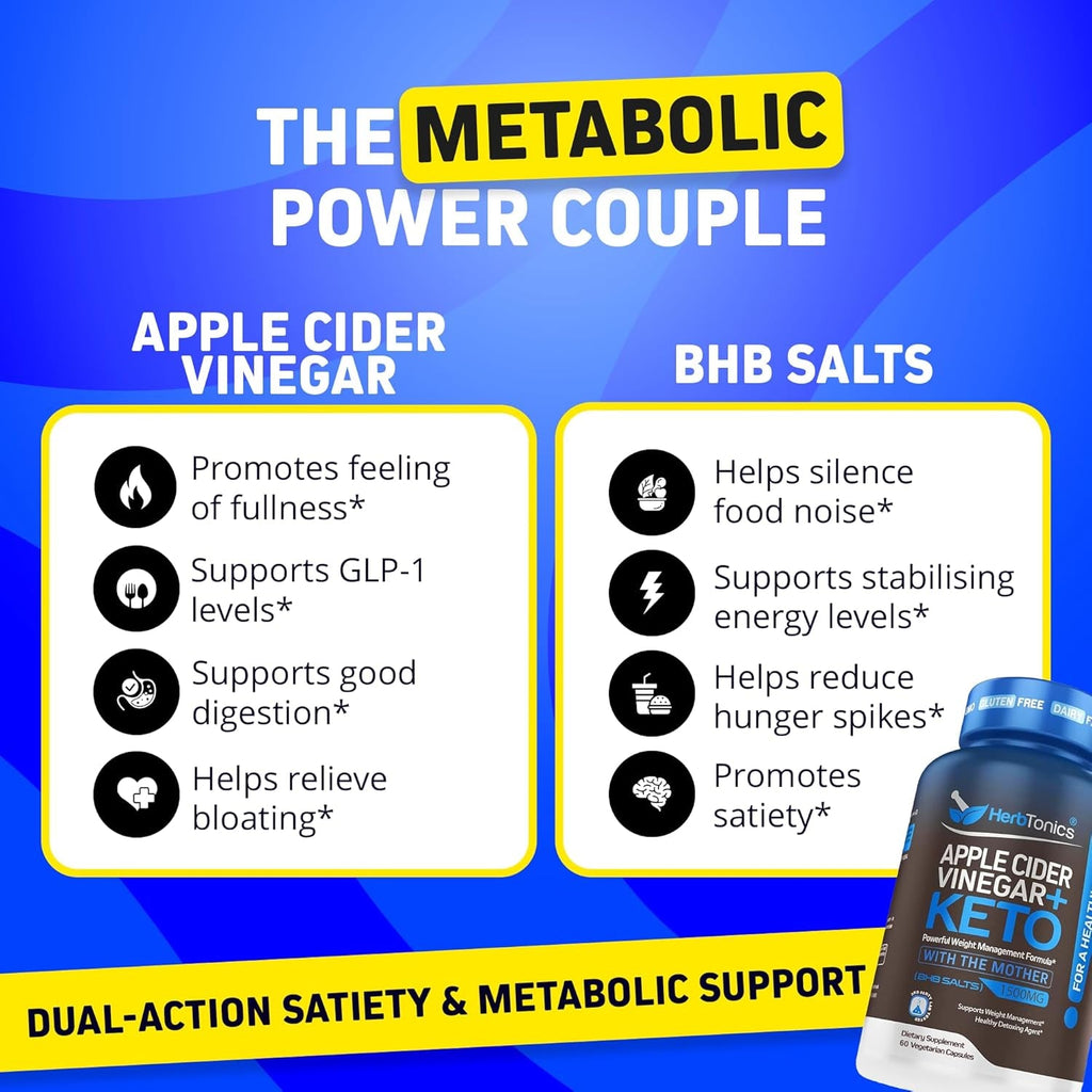 Herbtonics Apple Cider Vinegar + Keto BHB Capsules | GLP-1 Support for Appetite, Cravings & Weight Management | Metabolism Support with Satiety Support | 60 Capsules - 1 Month Supply