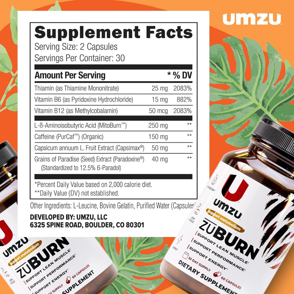 UMZU Zuburn Energy Support Supplement, (30 Day Supply) – Caffeine Mitoburn Capsimax Grains of Paradise B6 & B12 – Energy Supplements for Daily Energy, Focus & Active Lifestyle Support General Wellness