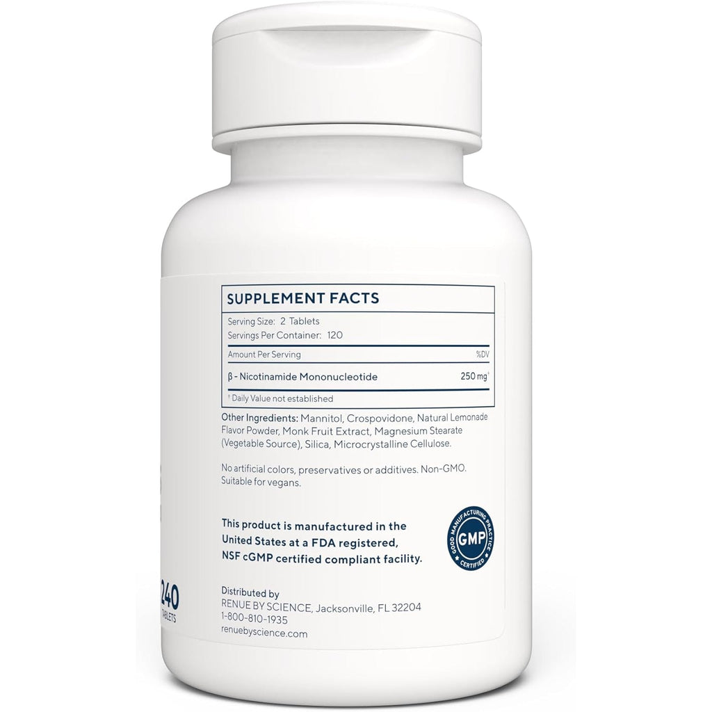 Renue by Science NMN Supplement | 240 Chewable Vegetarian Tablets - 250Mg Nicotinamide Mononucleotide per Serving | Lemon Flavour - Manufactured in the USA Third-Party Tested