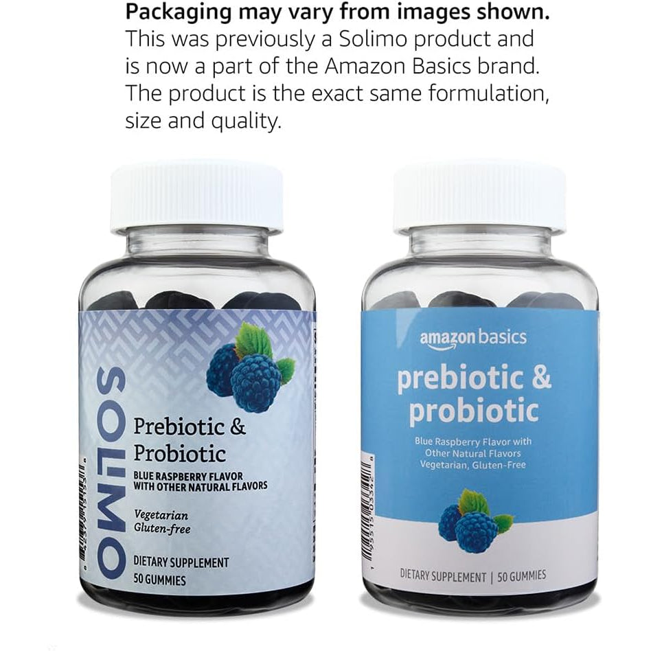 Amazon Brand - Solimo Prebiotic & Probiotic Gummies, 2 Billion CFU, Blue Raspberry, 50 Count (2 per Serving)