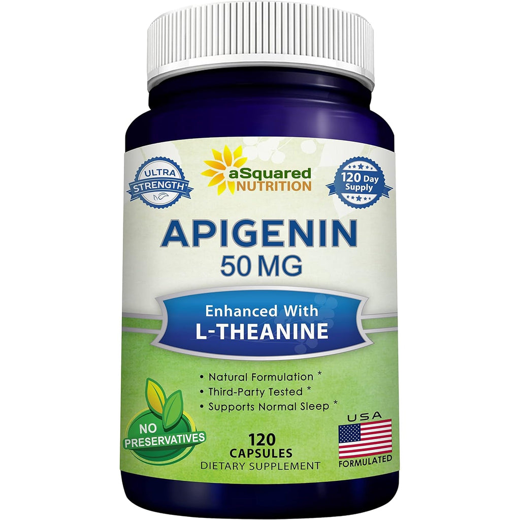 Asquared Nutrition Apigenin 50Mg & L-Theanine 200Mg - 120 Capsules - Apigenin Supplement Pills for Sleep and Relaxation - Natural Bioflavonoid Extract Found in Chamomile Tea