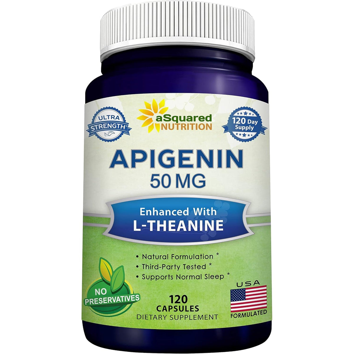 Asquared Nutrition Apigenin 50Mg & L-Theanine 200Mg - 120 Capsules - Apigenin Supplement Pills for Sleep and Relaxation - Natural Bioflavonoid Extract Found in Chamomile Tea