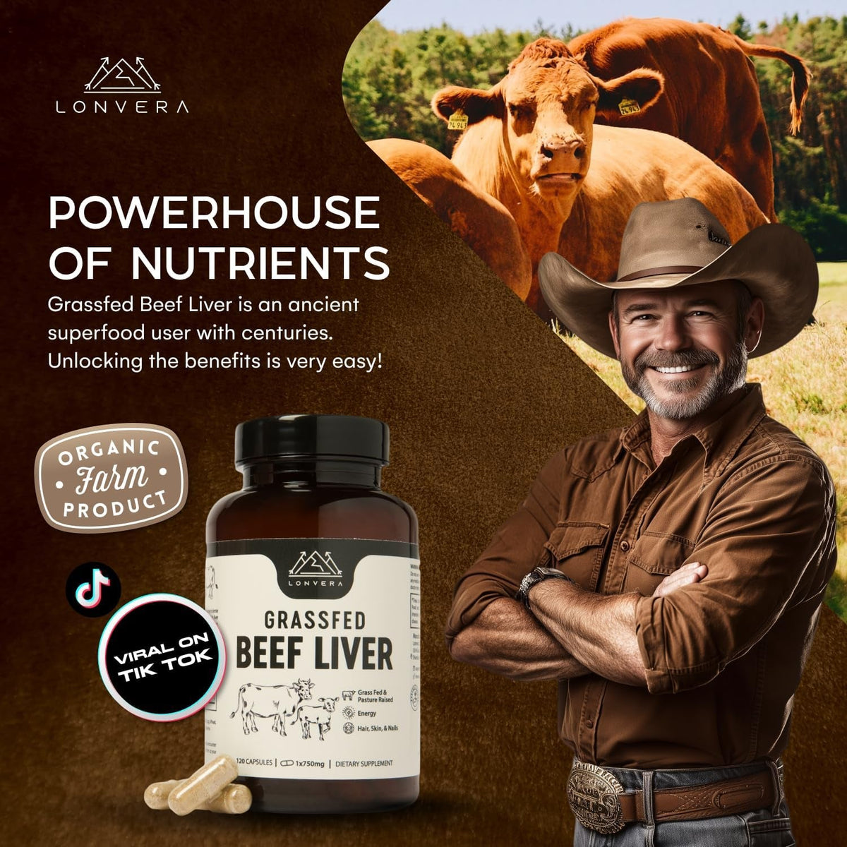Lonvera Grass Fed Beef Liver Capsules for Women and Men – 3000Mg Freeze Dried Desiccated Organs – Nutrient Source for Joints, Bones, Hair, Skin, Nails & Daily Energy – 120 Pasture-Raised Capsules